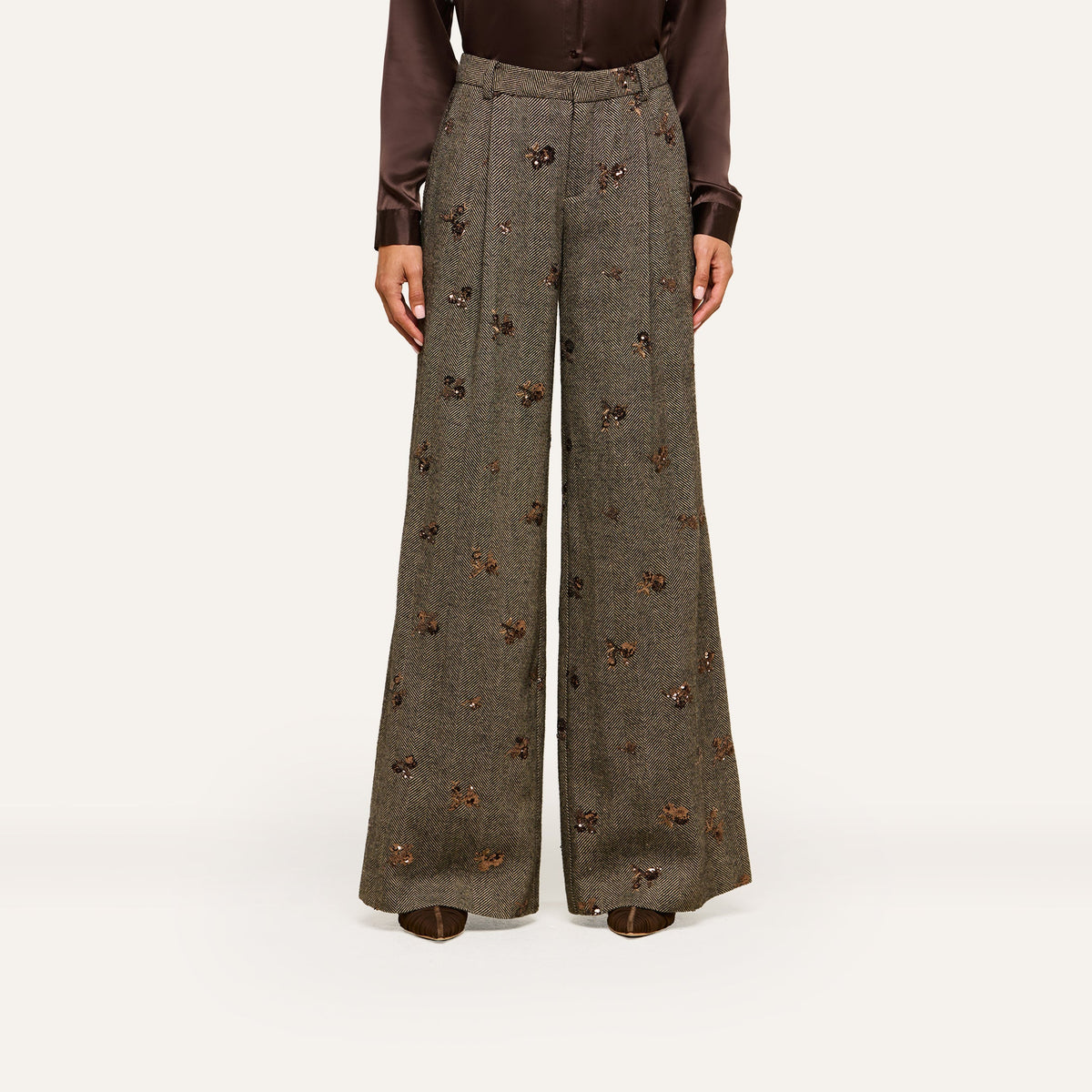Beige Herringbone Allanah Sequined Trouser