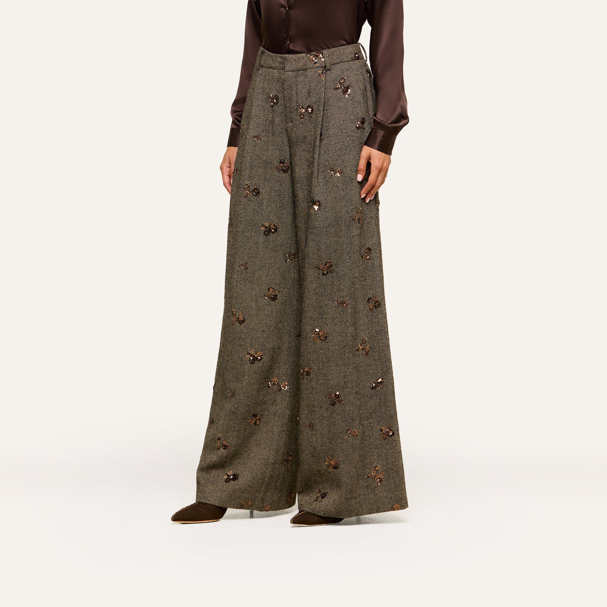 Beige Herringbone Allanah Sequined Trouser