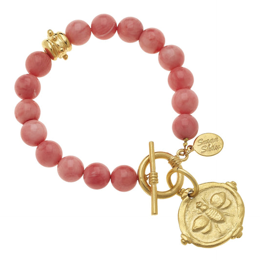 Handcast Gold Bee Pink Coral Genuine Bracelet