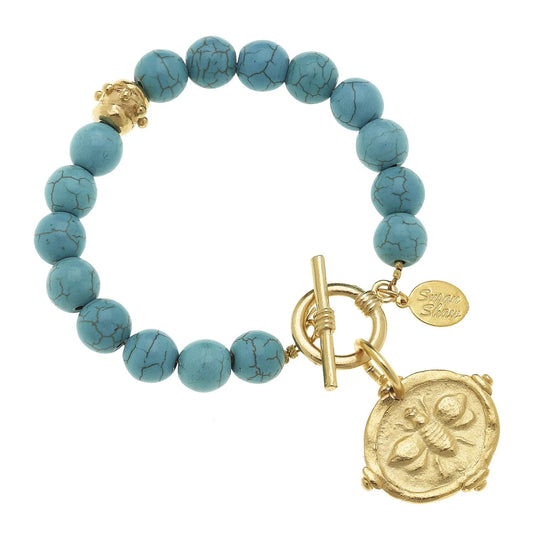 Gold Bee Turquoise Stone Toggle Bracelet