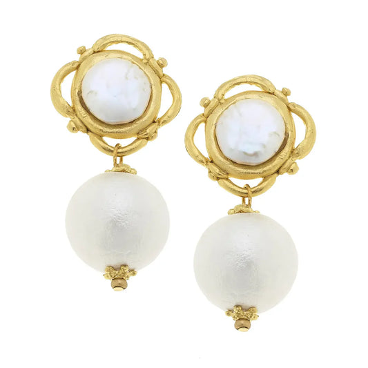 Gold & White Pearl Coin Clip-On Earrings