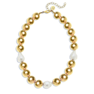 Handcast Gold Plated Large 16Mm Ball & Genuine Freshwater Baroque Pearl Choker