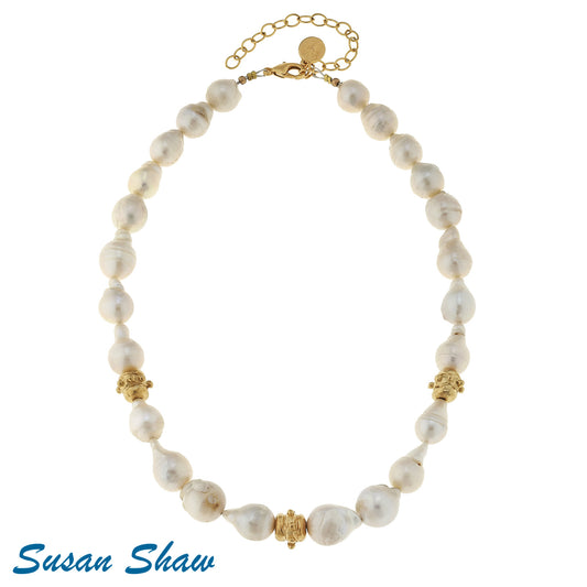 Gold Bead Large White Baroque Pearl Necklace