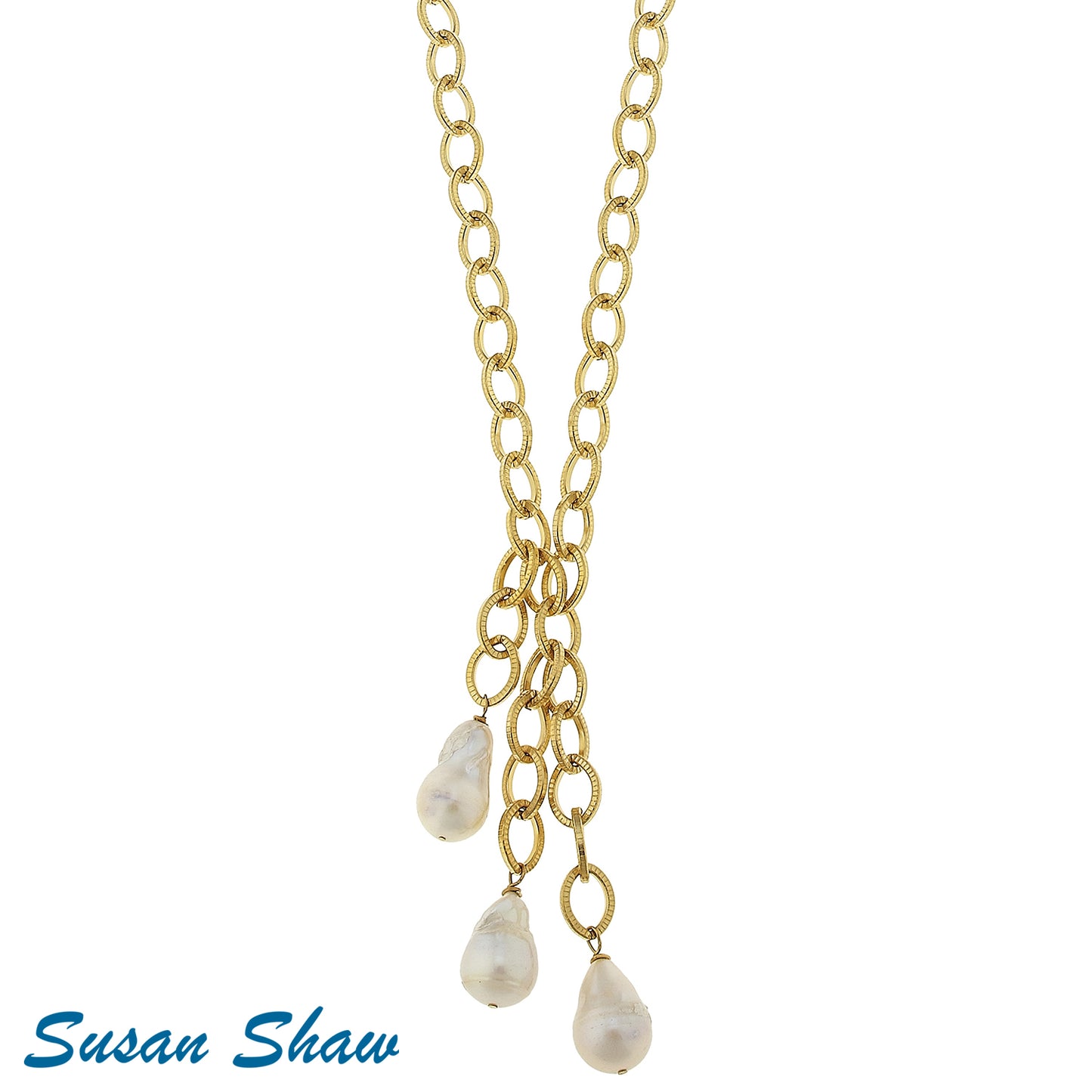 Long Gold Chain Necklace w/ Cluster Pearl