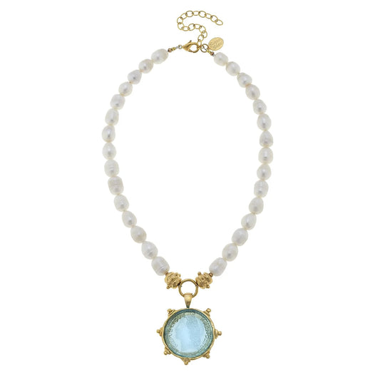 Gold Clear Venetian Glass Coin Freshwater Pearl Necklace