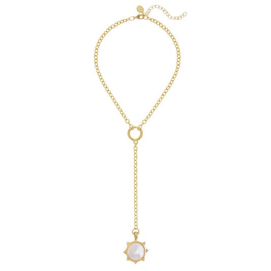 Gold Lariat Mother Of Pearl Pendant Necklace