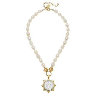 Gold & Italian Coin With Freshwater Pearl Necklace