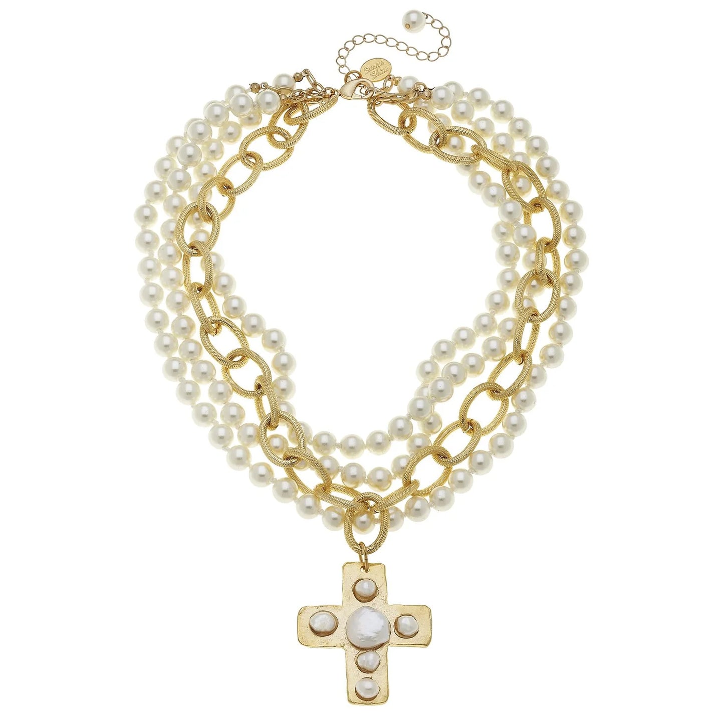 Pearl Cross Multi-Strand Necklace - Gold