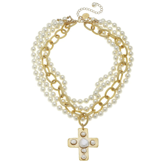 Pearl Cross Multi-Strand Necklace - Gold