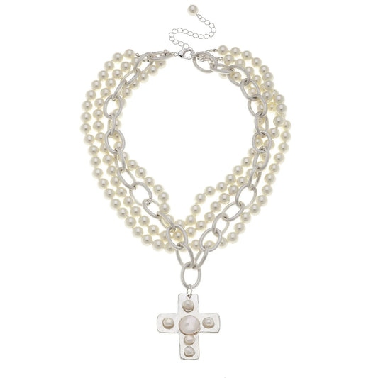 Pearl Cross Multi-Strand Necklace - Silver