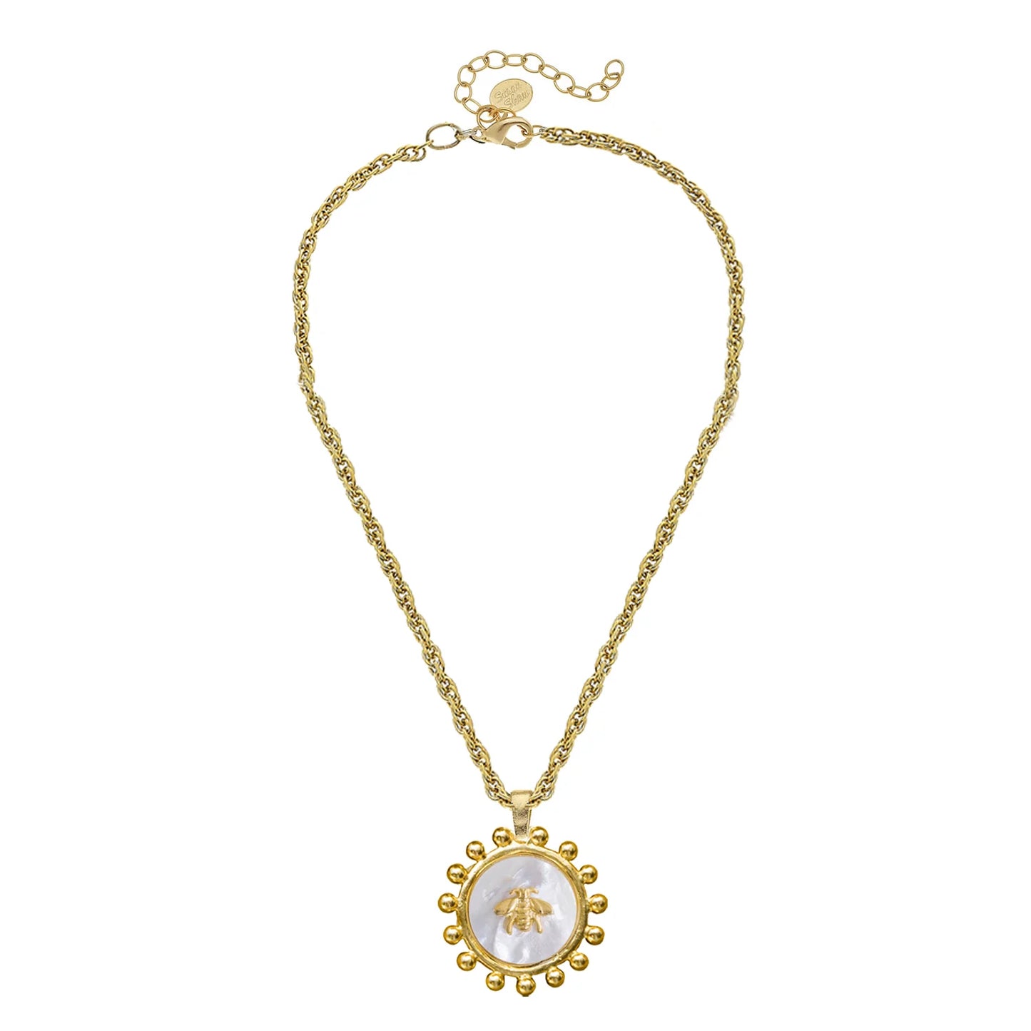 Gold W/ Mother Of Pearl Bee Pendant On Chain Necklace