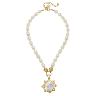 Gold W/ Mother Of Pearl Pendant On Freshwater Pearl Necklace
