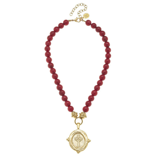 Cross Intaglio Stone Necklace - Red Coral