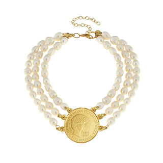 Gold Diana Coin On 3 Strand Freshwater Pearl Choker Necklace