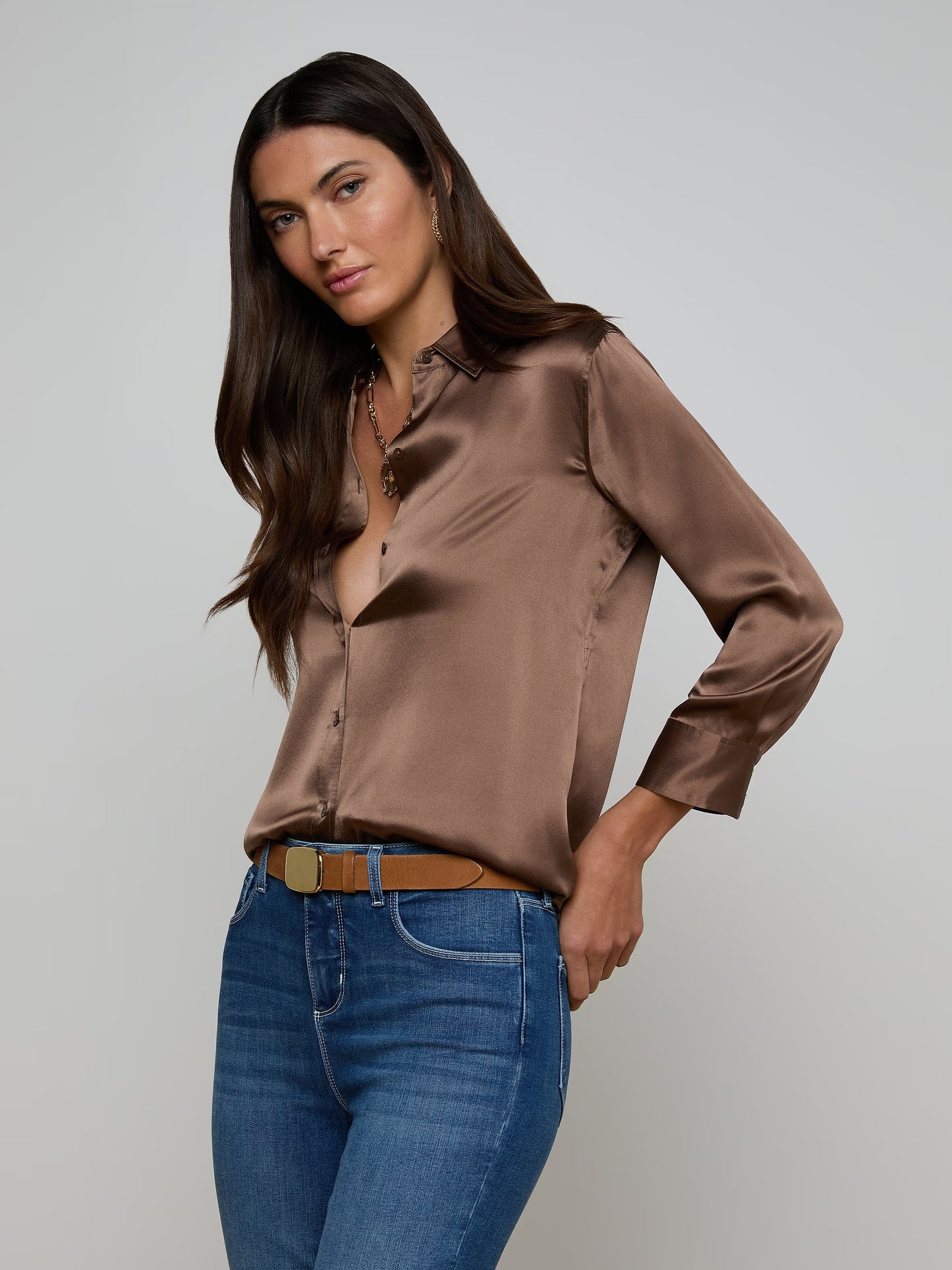 Dani Silk Sleeve Blouse - Brown