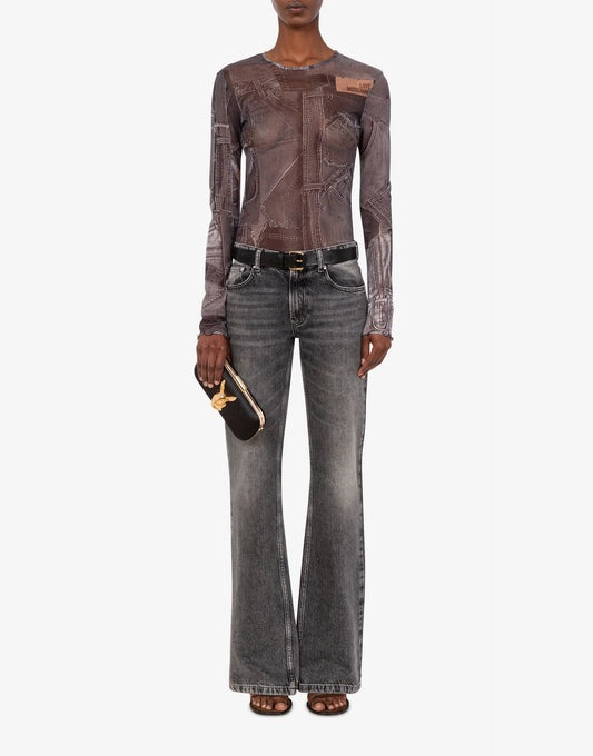 Grey Five-Pocket Flare Denim Pants