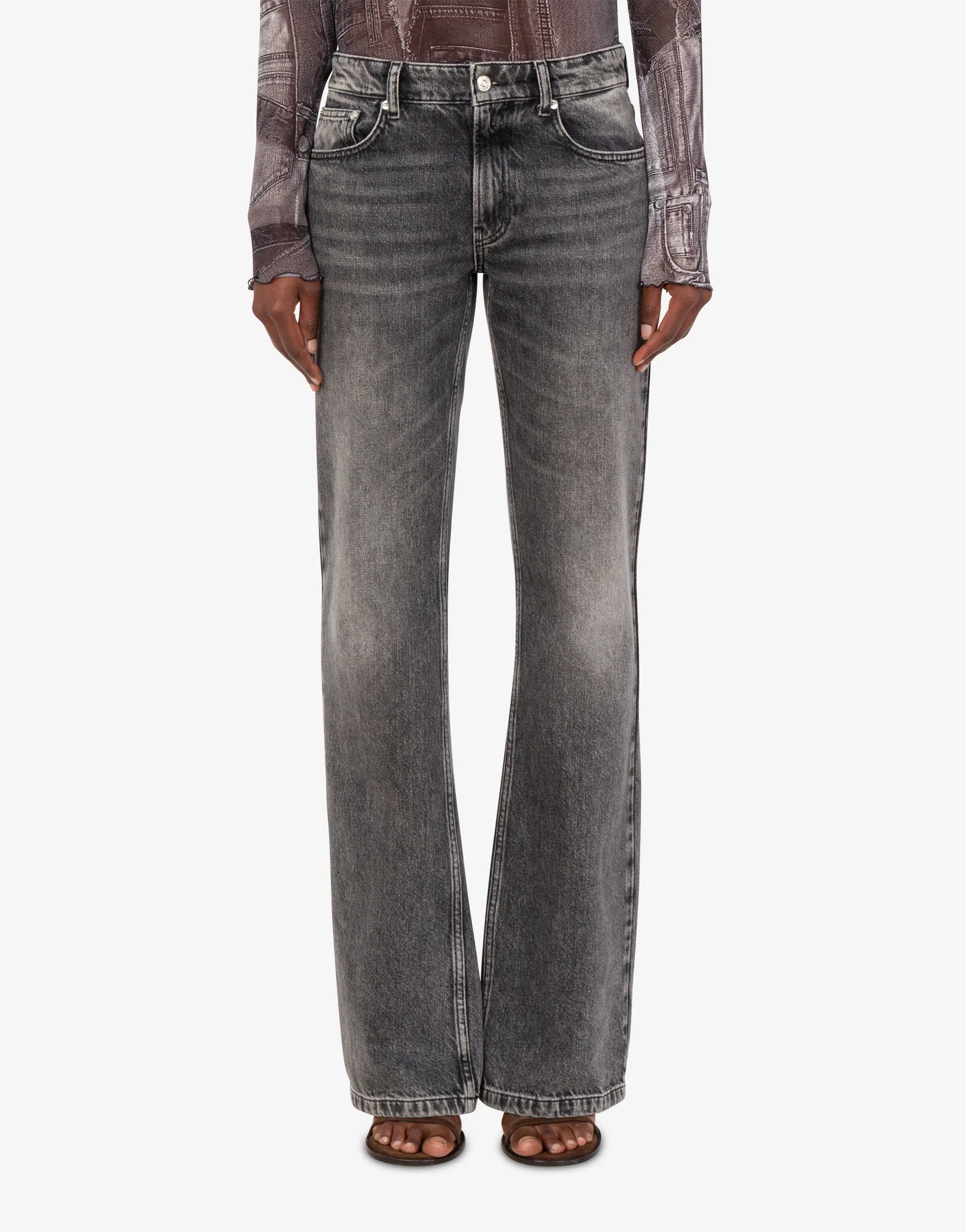 Grey Five-Pocket Flare Denim Pants