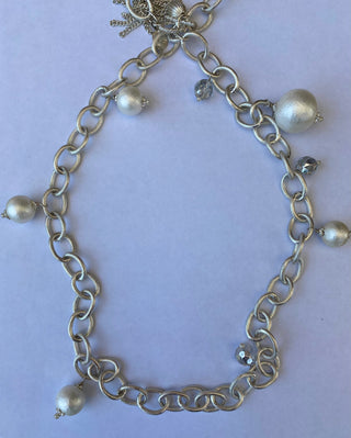 Silver Toggle Cotton Pearl Crystal Necklace