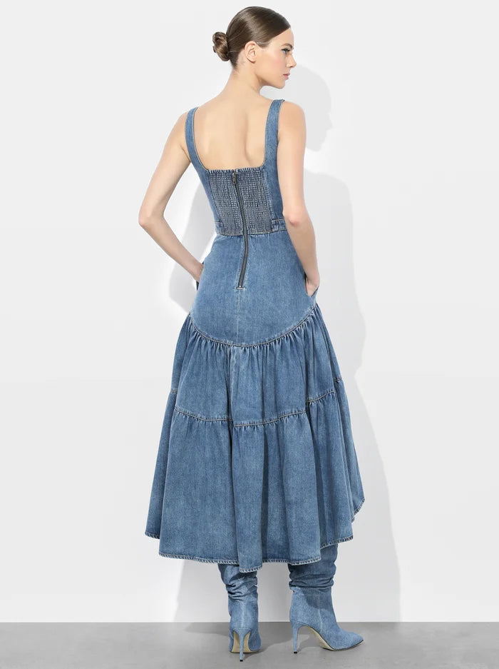 alice and olivia diana tiered denim dress Alice + Olivia Diana Structured Midi Dress – The Augusta Clothing Company