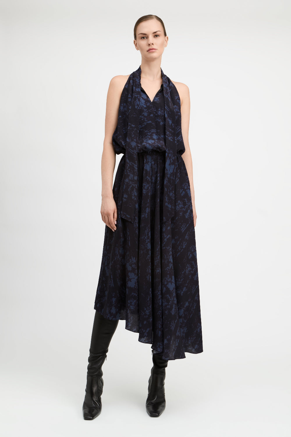 Deep Blue/Black Bradley Tie Neck Dress