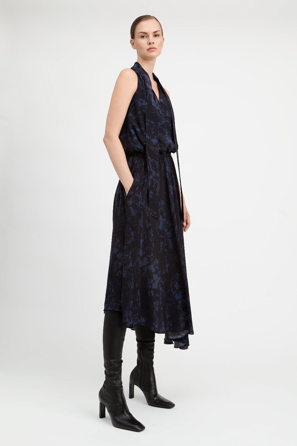 Deep Blue/Black Bradley Tie Neck Dress