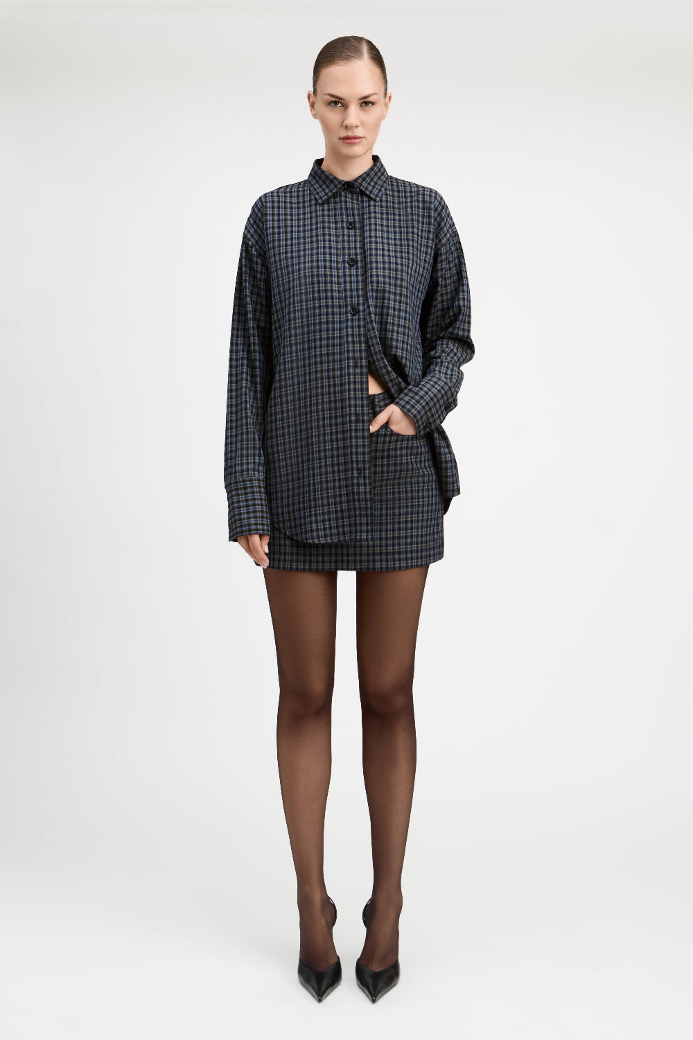 Navy/Grey Max Rayon Plaid Relaxed Shirt