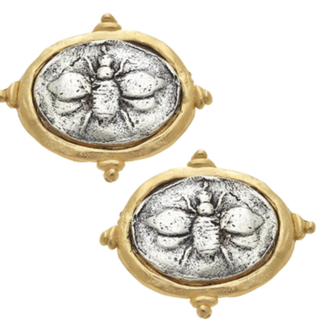 Handcast Gold & Silver Italian Intaglio Bee Clip Earrings