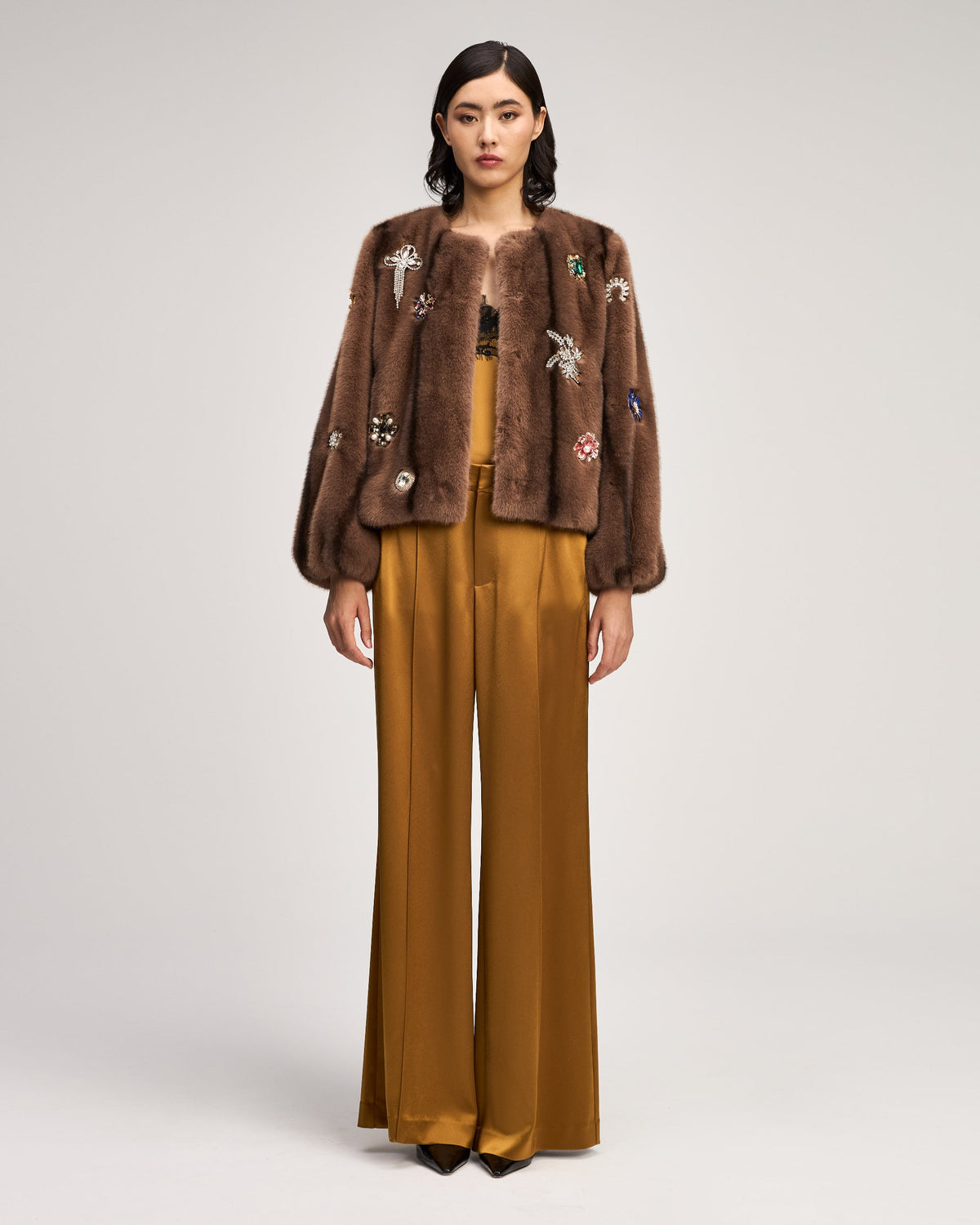 Taupe Jewel Clusters Faux Mink Benson Coat