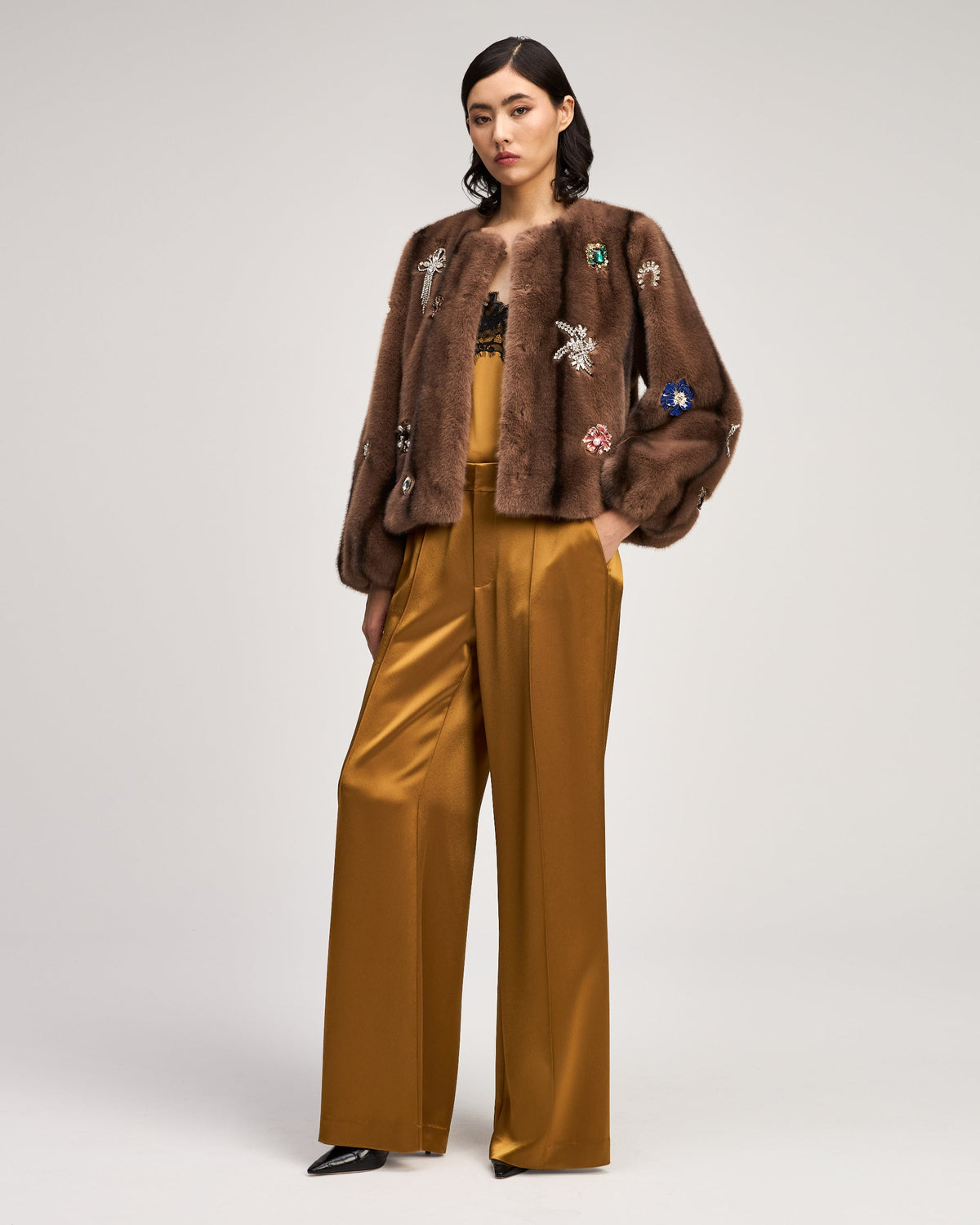Taupe Jewel Clusters Faux Mink Benson Coat