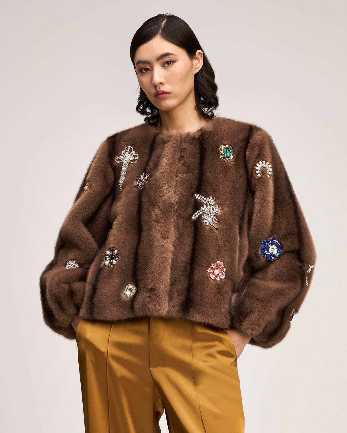 Taupe Jewel Clusters Faux Mink Benson Coat