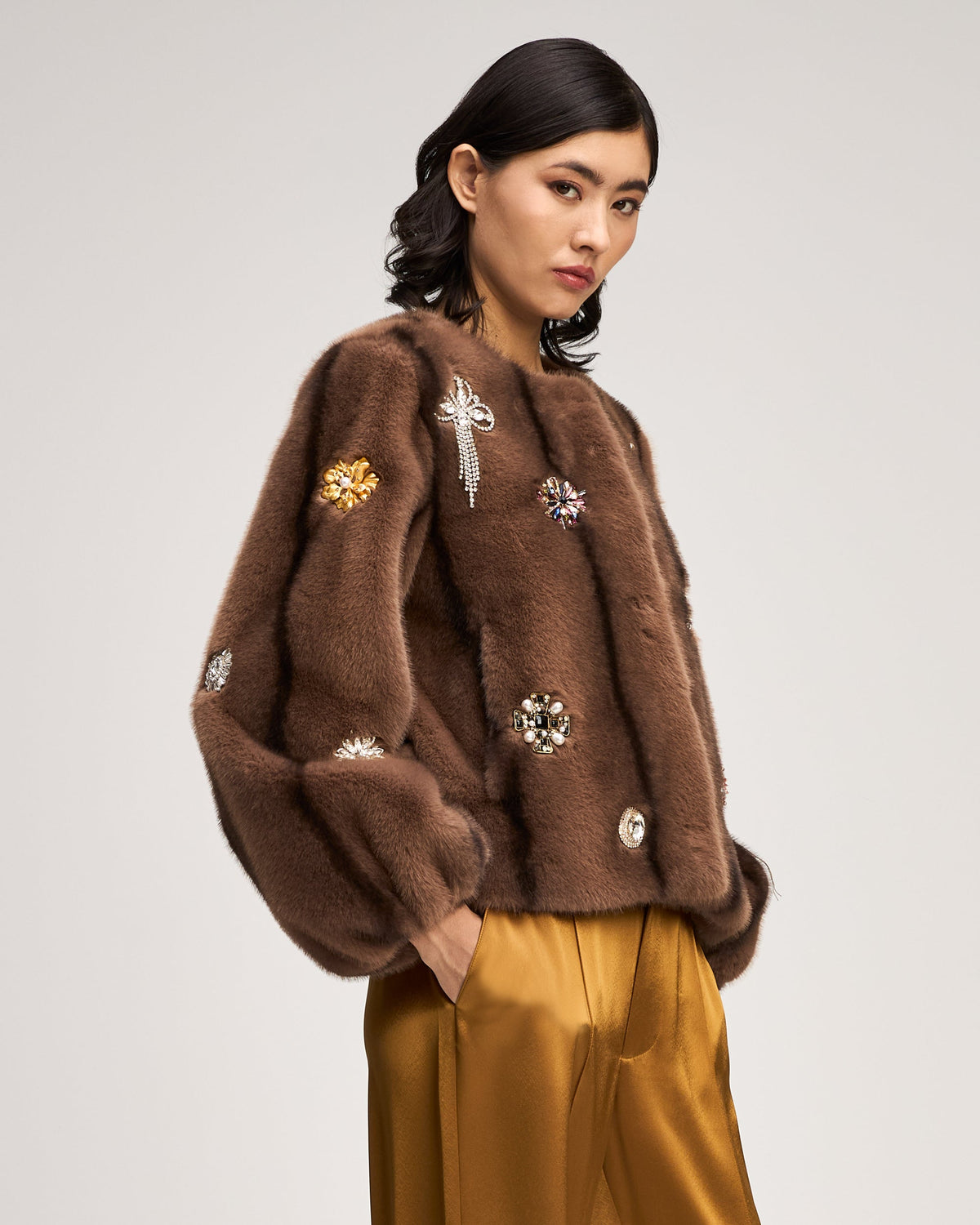 Taupe Jewel Clusters Faux Mink Benson Coat