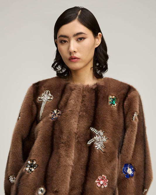 Taupe Jewel Clusters Faux Mink Benson Coat