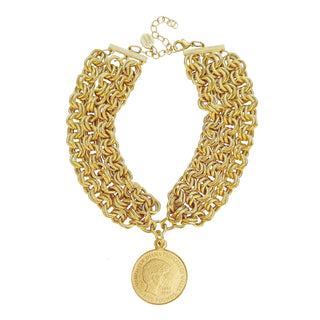 Gold Diana Coin On 3 - Strand Gold Double Chain Choker Necklace