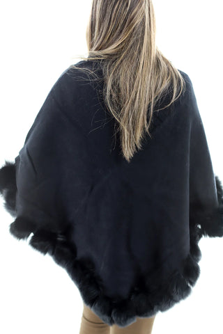 Stylish Poncho With Fur Trimming - Black