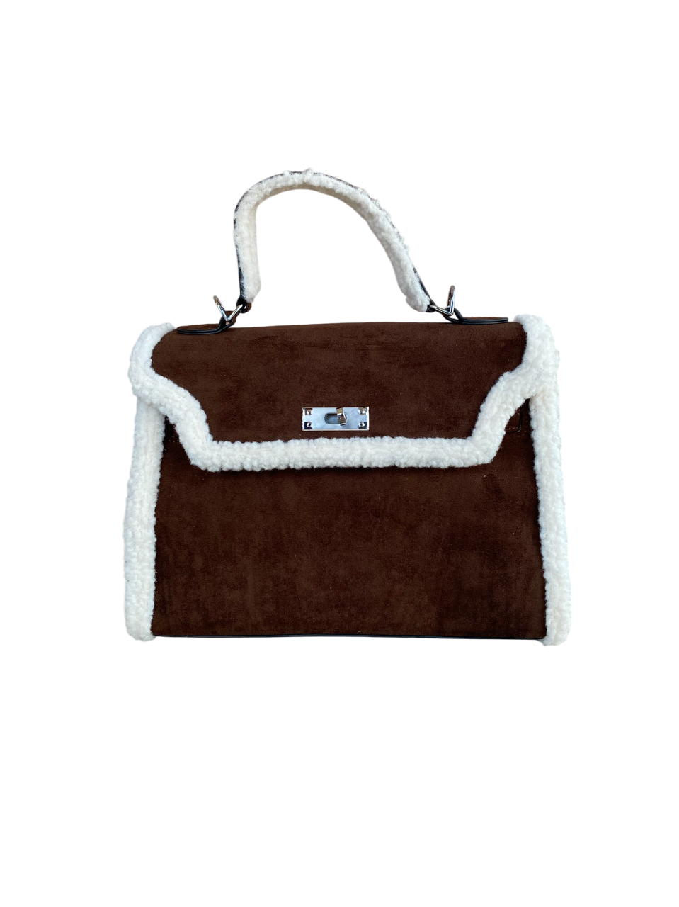 Suede and Faux Shearling Handbag Chocolate