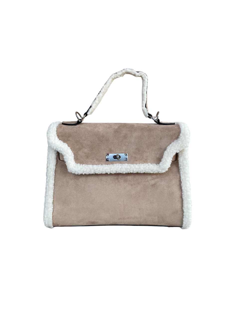 Suede and Faux Shearling Handbag Sand