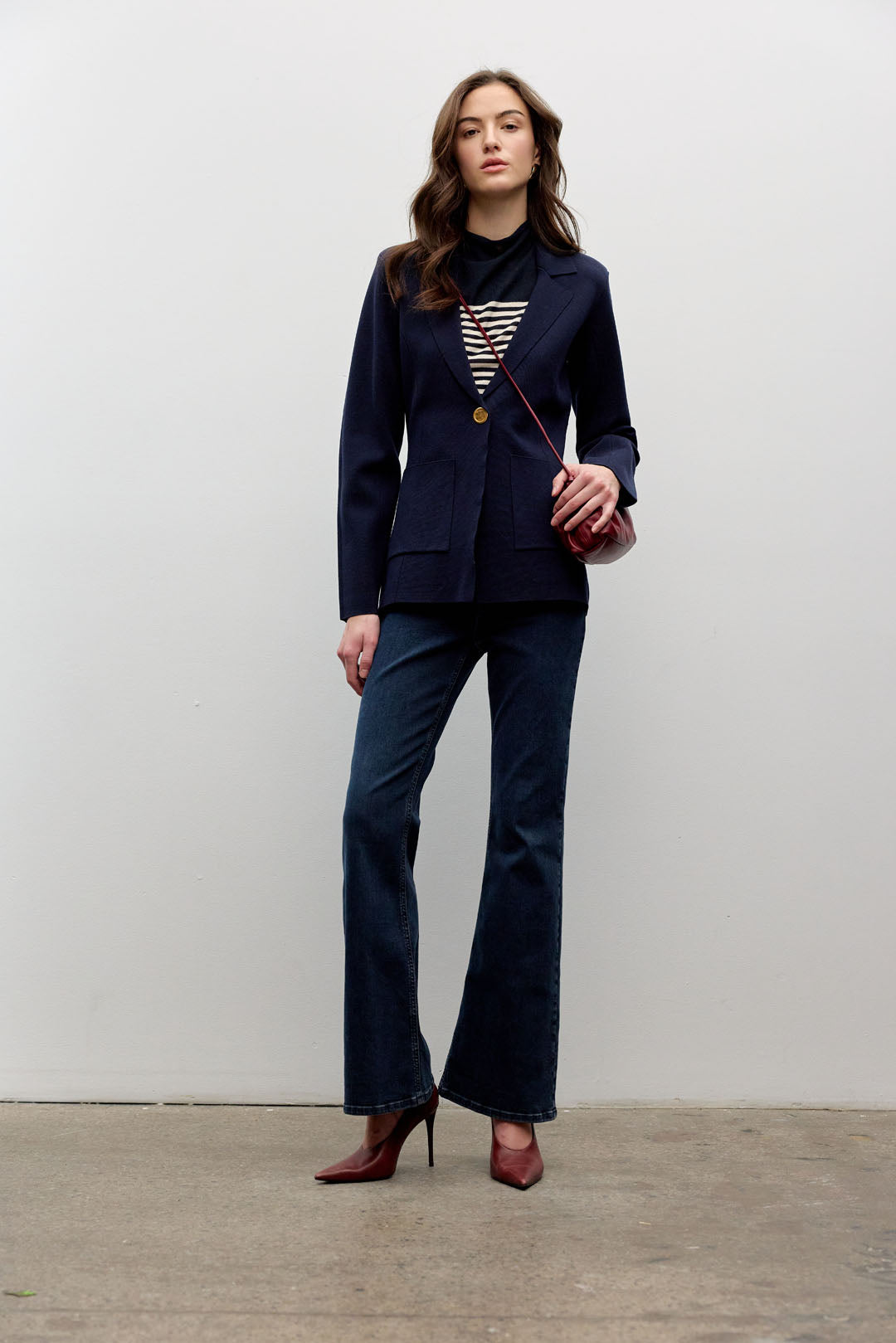Navy Knitted One Button Jacket