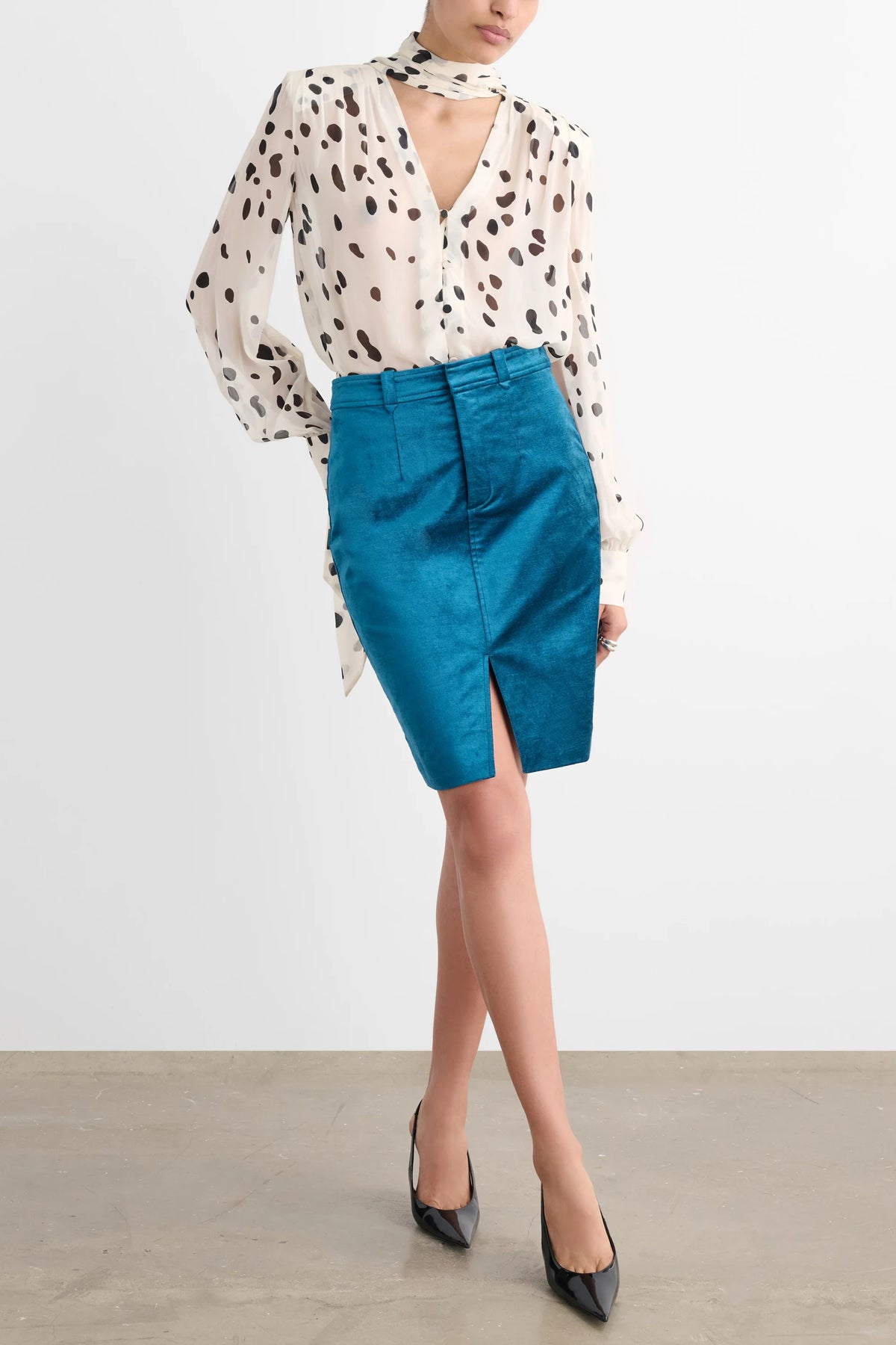 Spotted Kaila Tie Neck Button Front Blouse