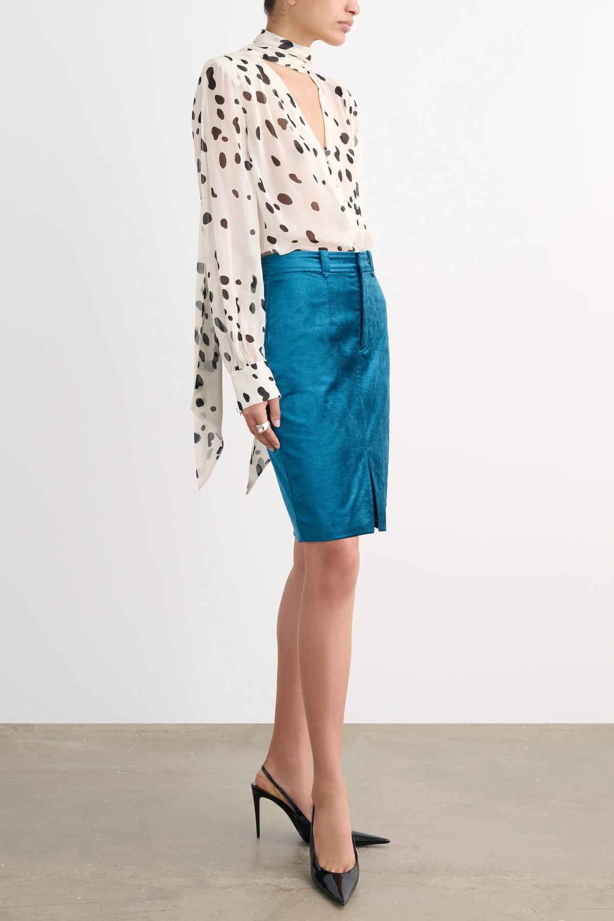 Spotted Kaila Tie Neck Button Front Blouse
