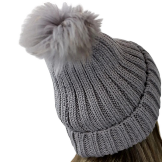 Knitted Hat With Fur Pom Pom