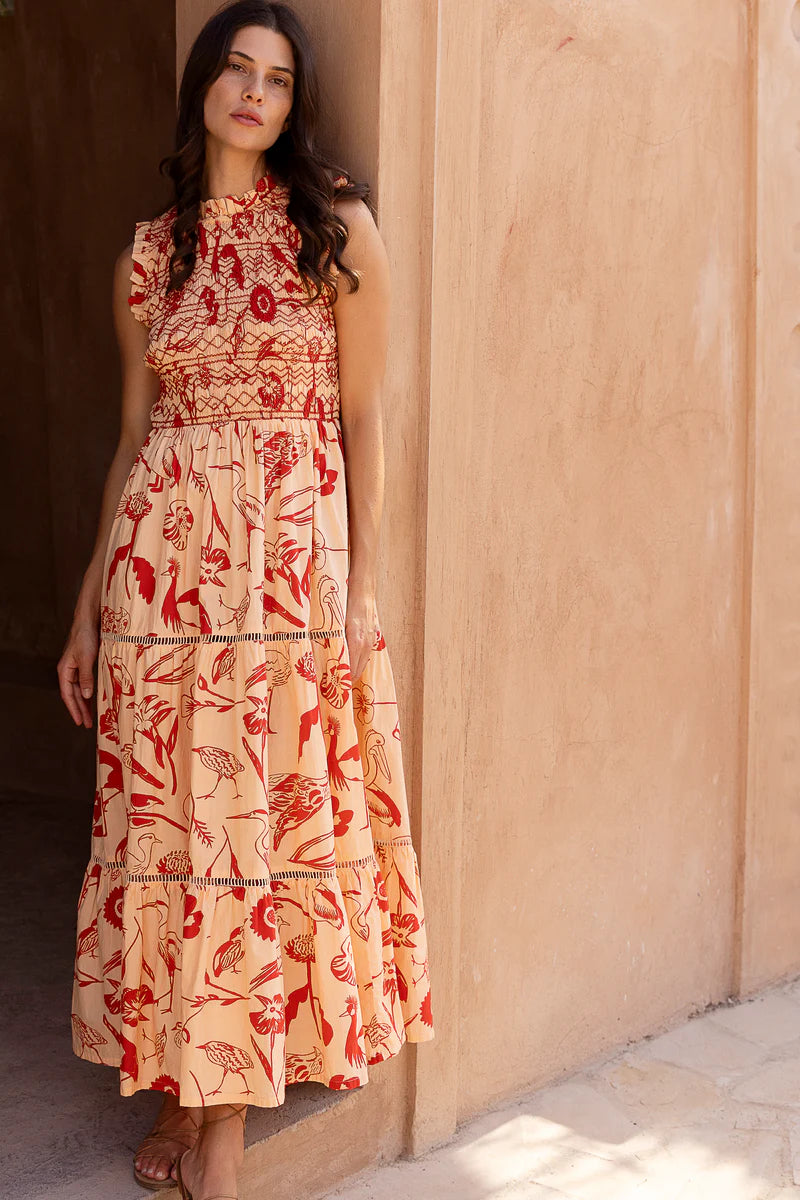 Sleeveless Smocked Maxi Dress Audubon Red