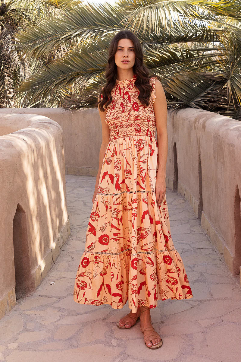 Sleeveless Smocked Maxi Dress Audubon Red