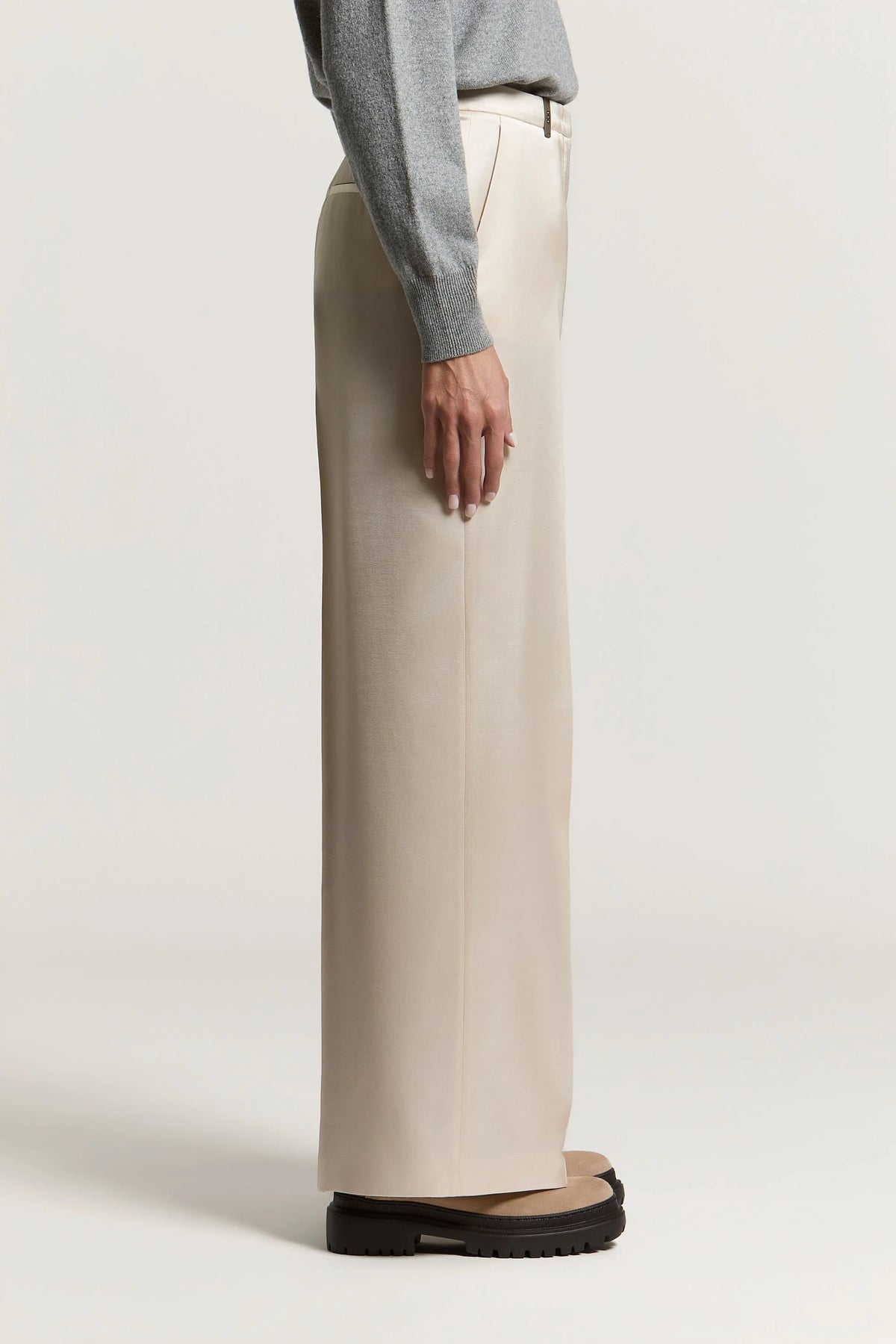 Beige Satin Wool Palazzo Trousers