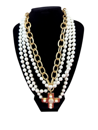 Pearl & Gold Chain Cross Necklace