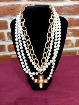 Pearl & Gold Chain Cross Necklace