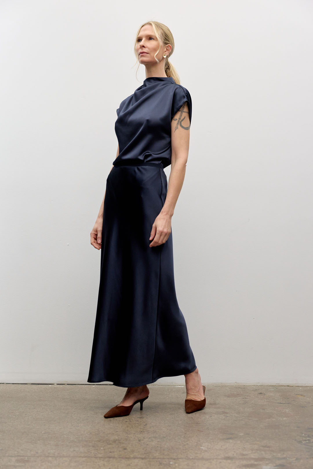 Navy Satin Pleated Top