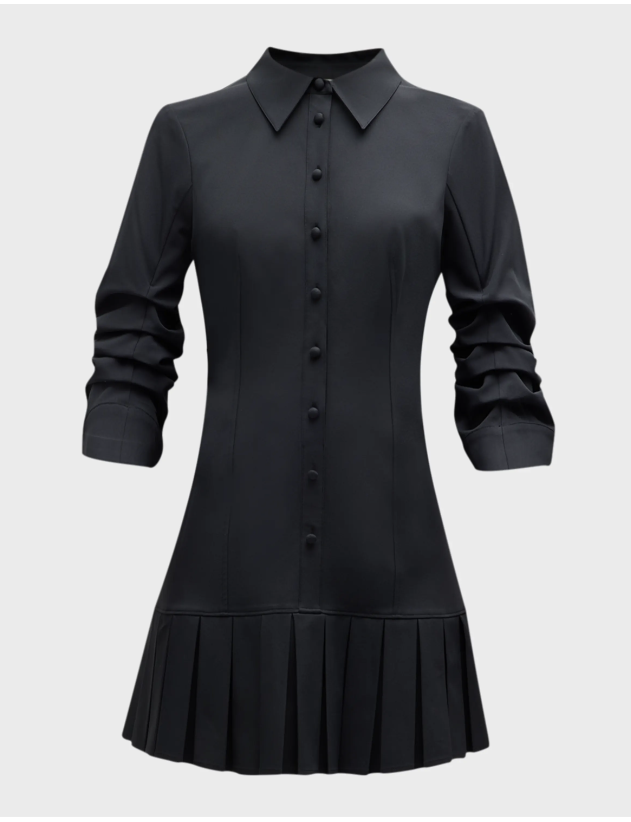 Lucilla Topstitched Pleated-Hem Mini Shirtdress