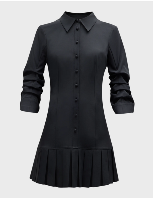 Lucilla Topstitched Pleated-Hem Mini Shirtdress