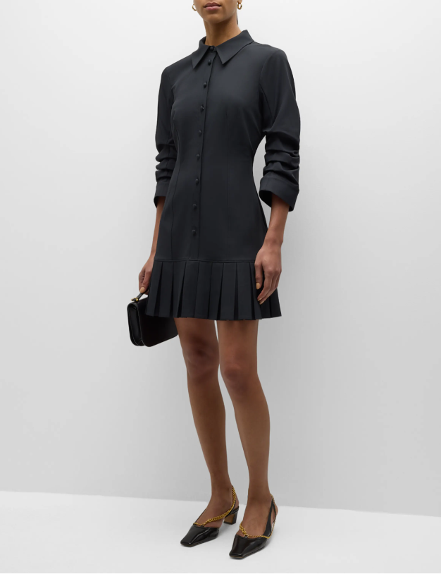 Lucilla Topstitched Pleated-Hem Mini Shirtdress