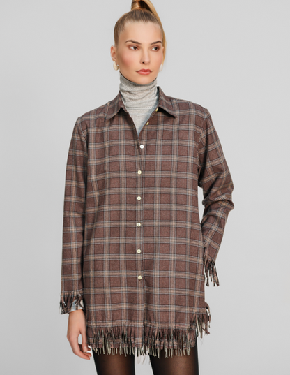 Huckleberry Plaid Flannel Crystal Fringe Shirtdress